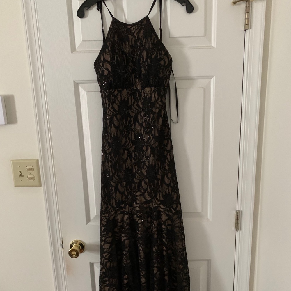 Black and nude lace formal gown